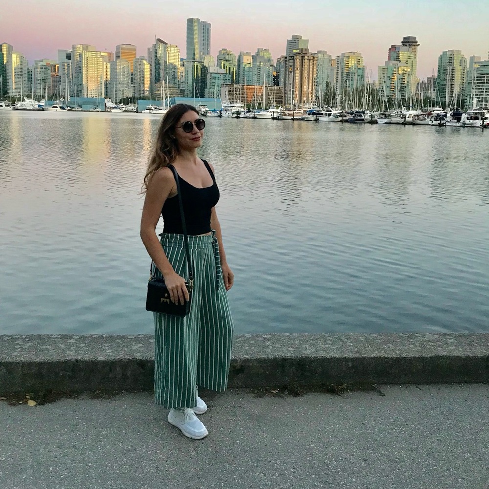 Zara Green and White Striped Wide-Leg Pants